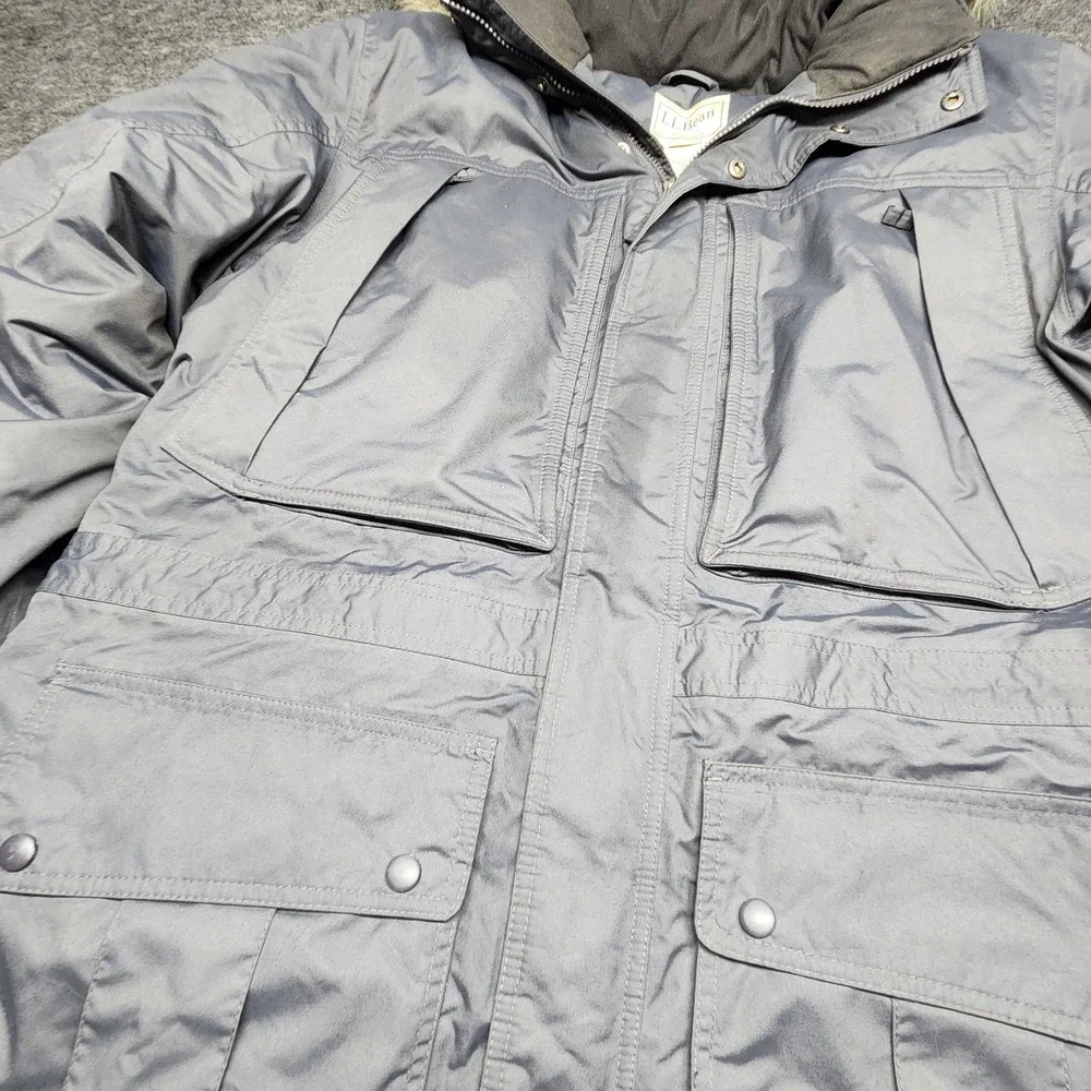 LL Bean Mens VTG Goose Down Faux Fur Hooded Gray Parka Quilted Puffer Large